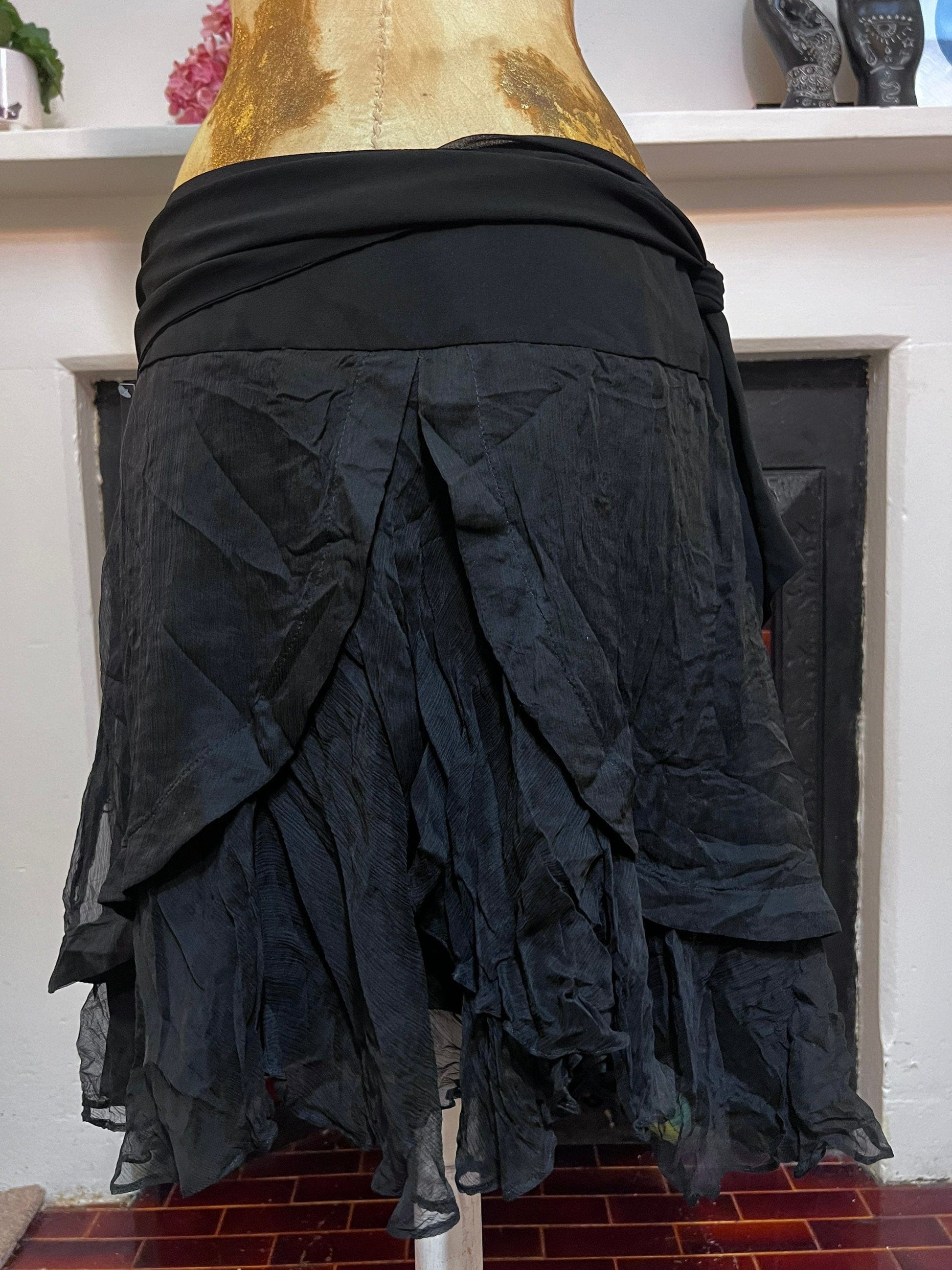 Vintage Silk Dip Hem Sari Black Pixie Hem Hippie Skirt - Y2K New With Tags
