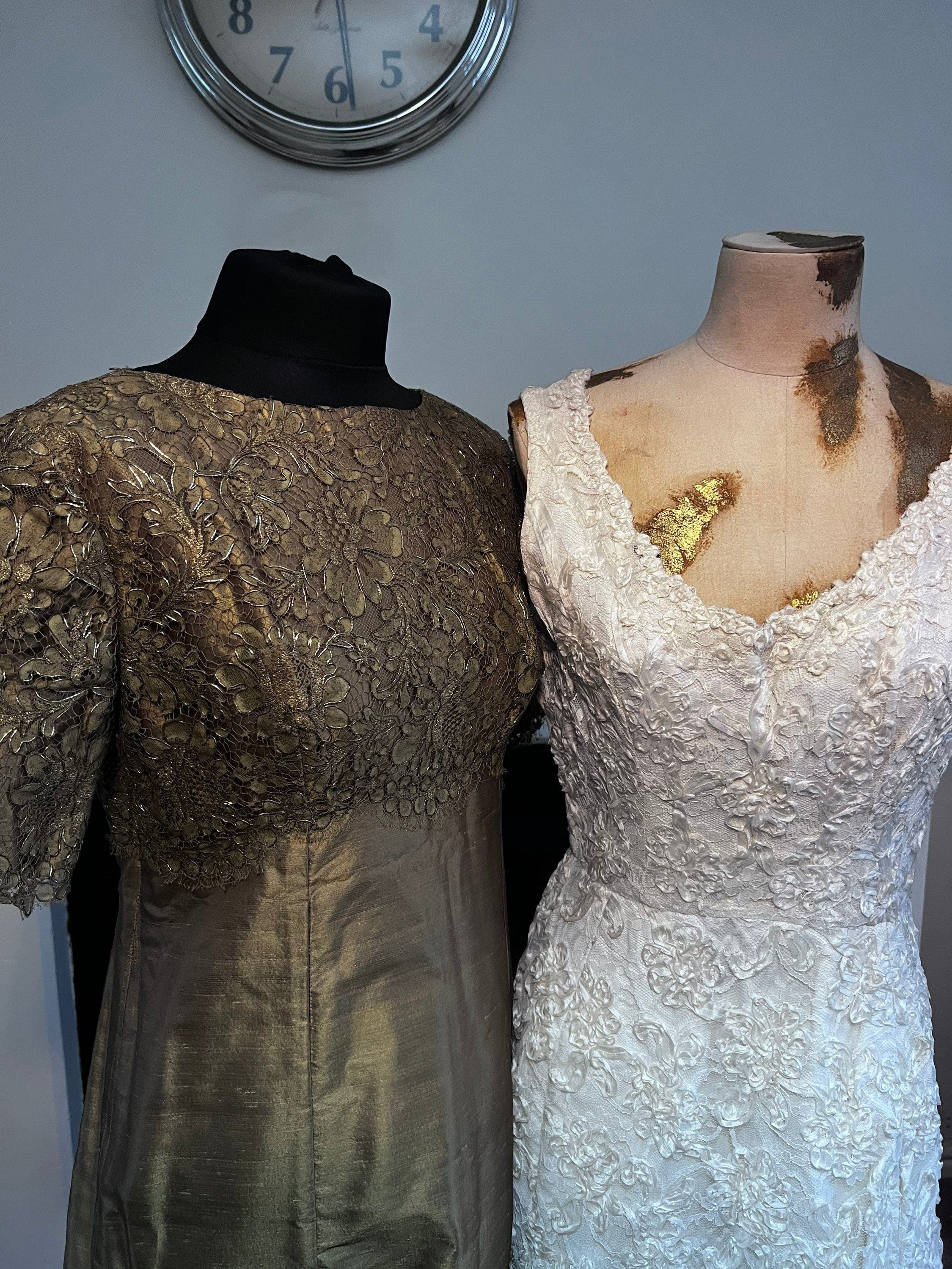 Vintage Silk Dress Bronze Gold Silk Lace Bodice Dress with gold