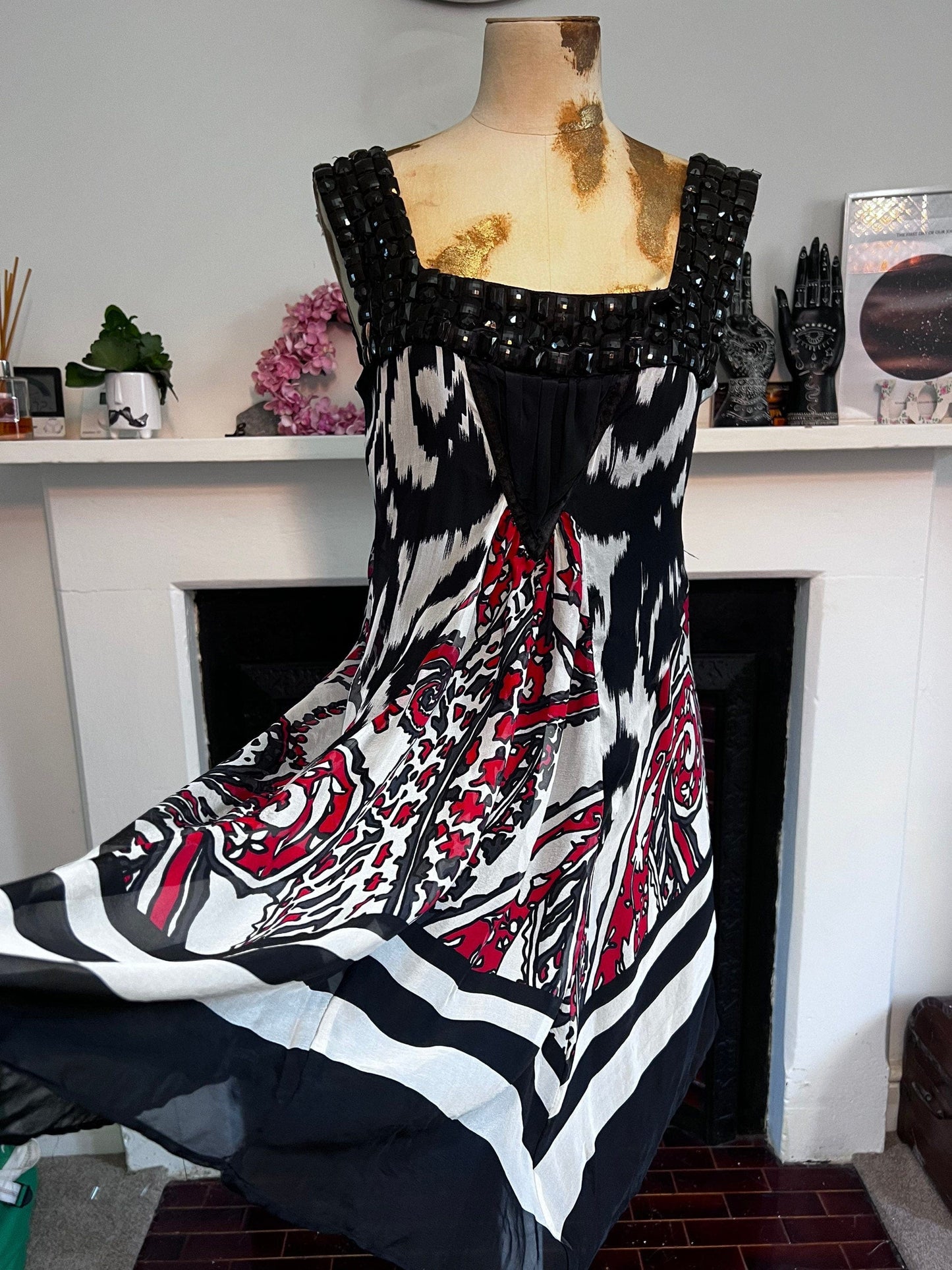 Vintage Silk Scarf Dress 1990s beaded shoulders red black vintage silk dress - Drop Hem Dress UK Medium - Vintage Zara