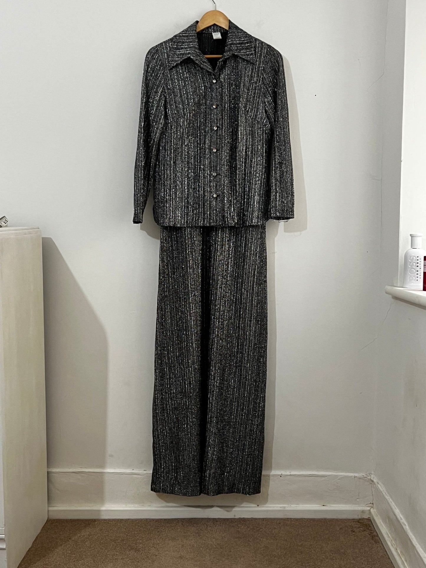 Vintage Silver Metallic Thread Dress and Matching Jacket Length Black and Silver UK Size