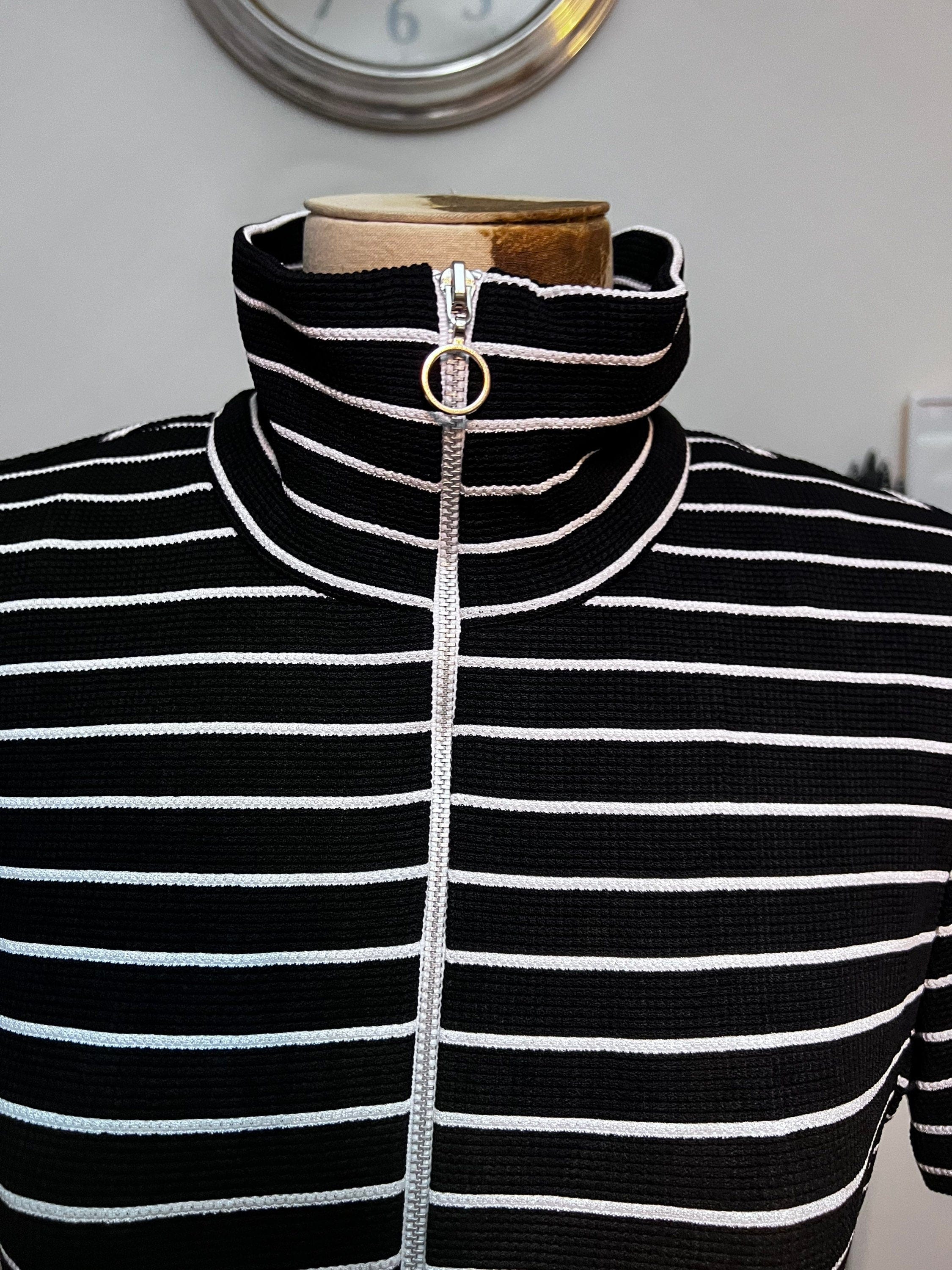 Vintage Striped Tennis Dress Zip Front white Skirt Black and White