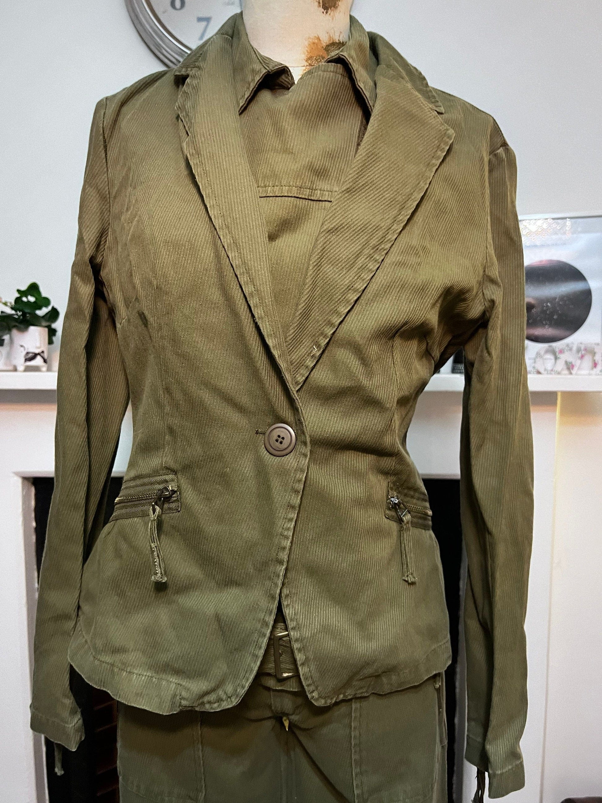 Vintage Suit Needle Cord Green Three Piece Jacket, Zip Flared Trousers, Asymmetric Zip Waistcoat Khaki Green Vintage Zara Basic 1990s