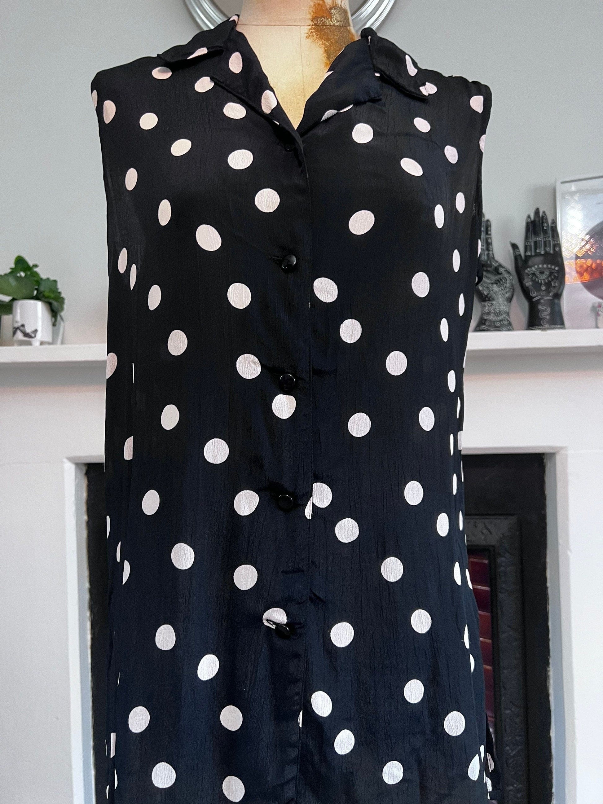 Vintage Suit Set 80s two peice polka dot shorts & sleeveless semi sheer chiffon vest top 1980s two piece set