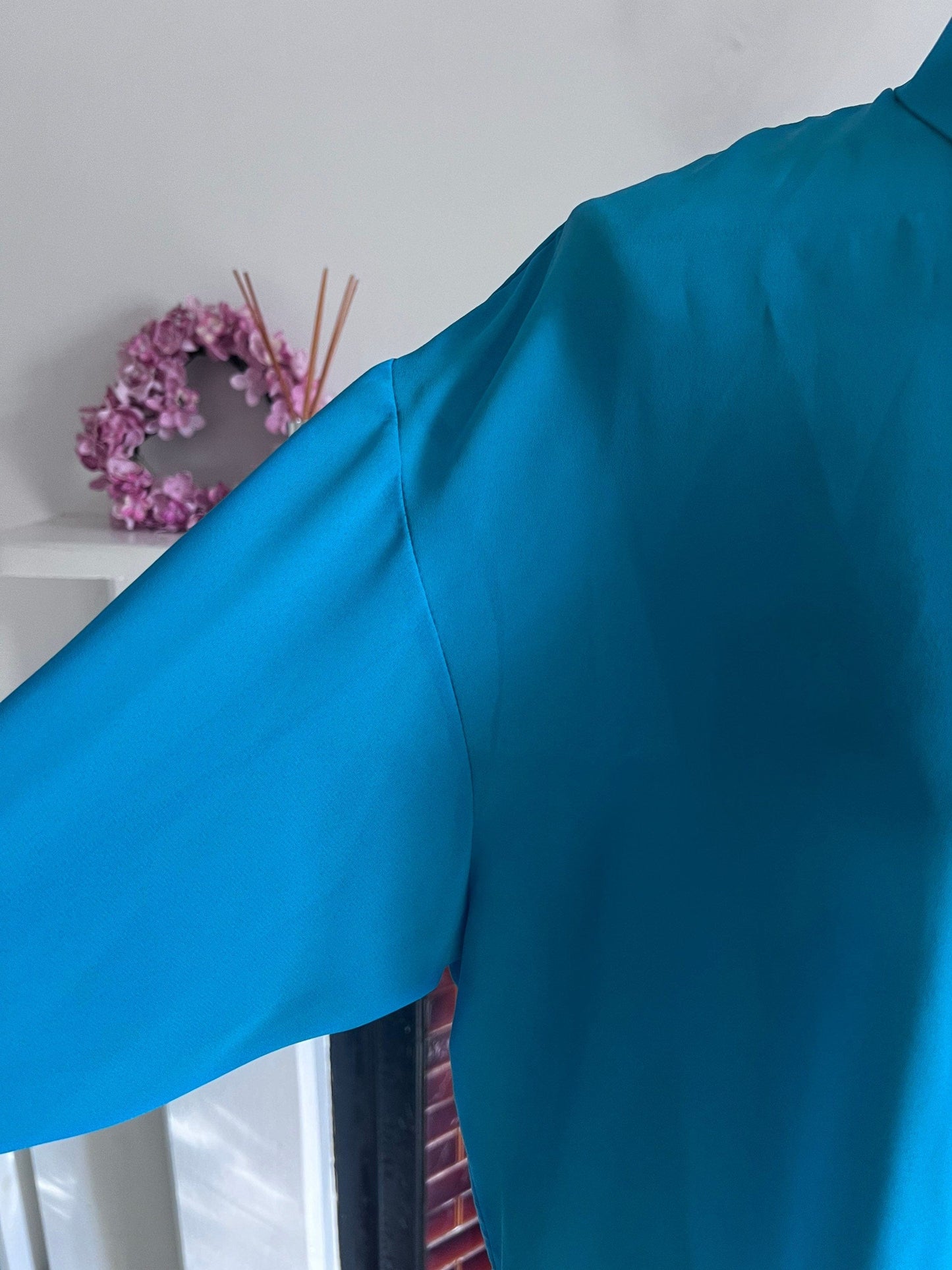 Vintage Turquoise Blouse - long sleeves flower button front high neck Semi Sheer Shirt - UKM