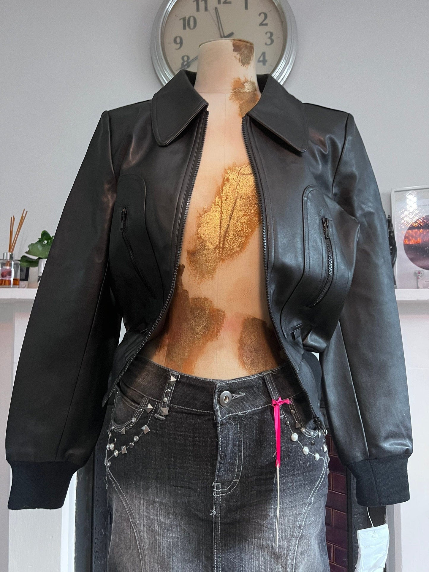Vintage vegan Faux Leather Jacket Black 1990s - Black vegan leather PU zip pocket detail bomber biker jacket unworn vintage 90s