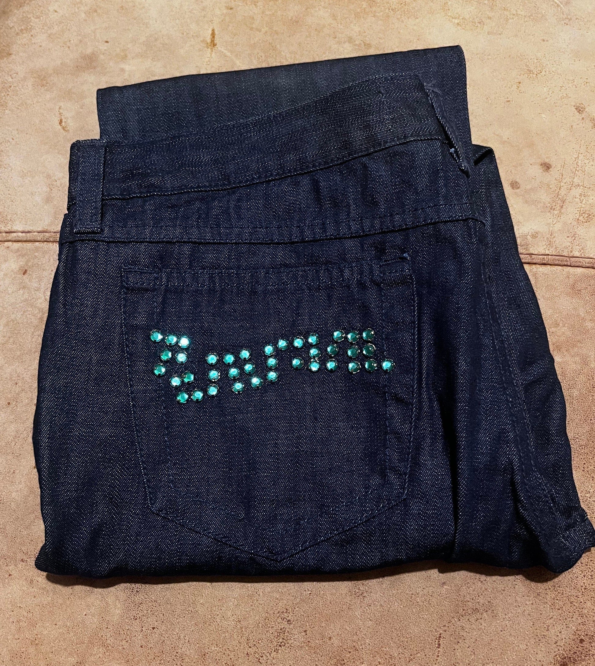 Vintage Versace Jeans Signature Couture Jeans in dark blue over-dye denim and turquoise green rhinestone to back pockets UK8-10 - Unworn