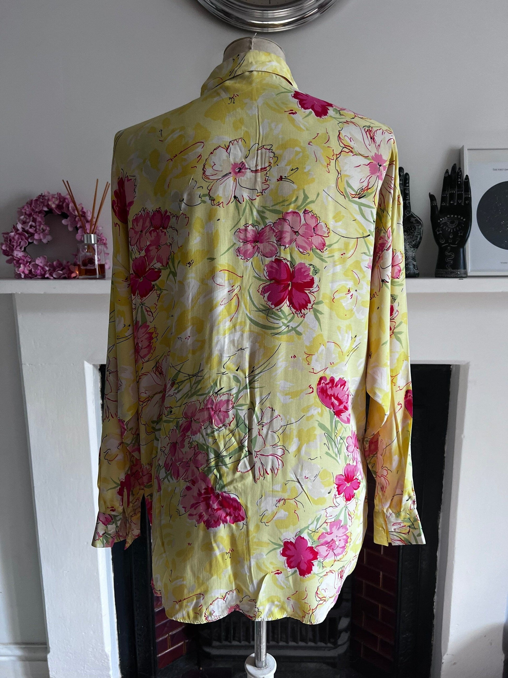 Vintage yellow floral Blouse - long sleeves button front high neck Semi Sheer Shirt - UKM
