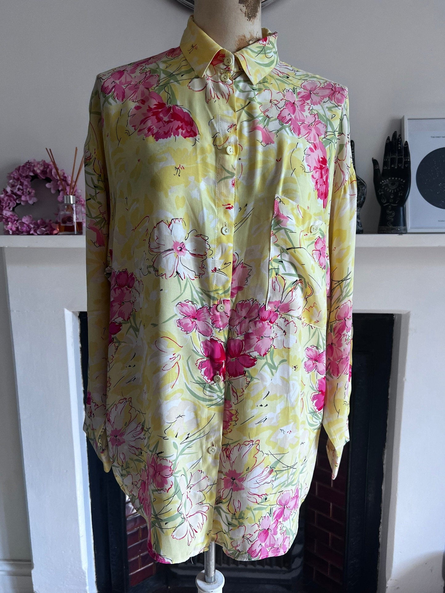 Vintage yellow floral Blouse - long sleeves button front high neck Semi Sheer Shirt - UKM